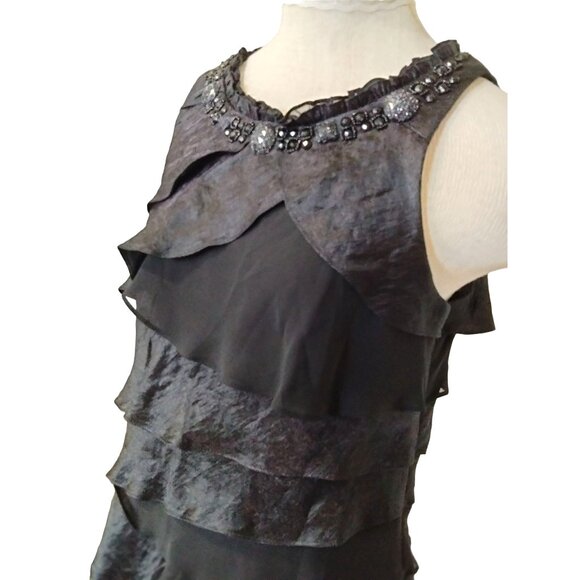 S.L. Fashions Black Embellished Neck Tiered Ruffle Side Zip Dress Size 12 - Picture 4 of 9